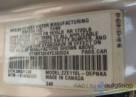 2000 Toyota Corolla Le из США, поврежденный, VIN 2T1BR12E4YC303524